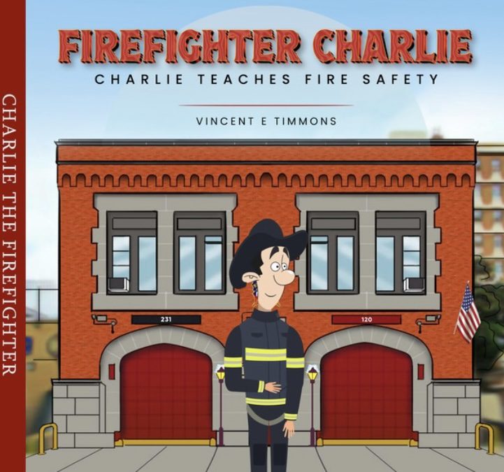 Cartoon firefighter in front of fire station