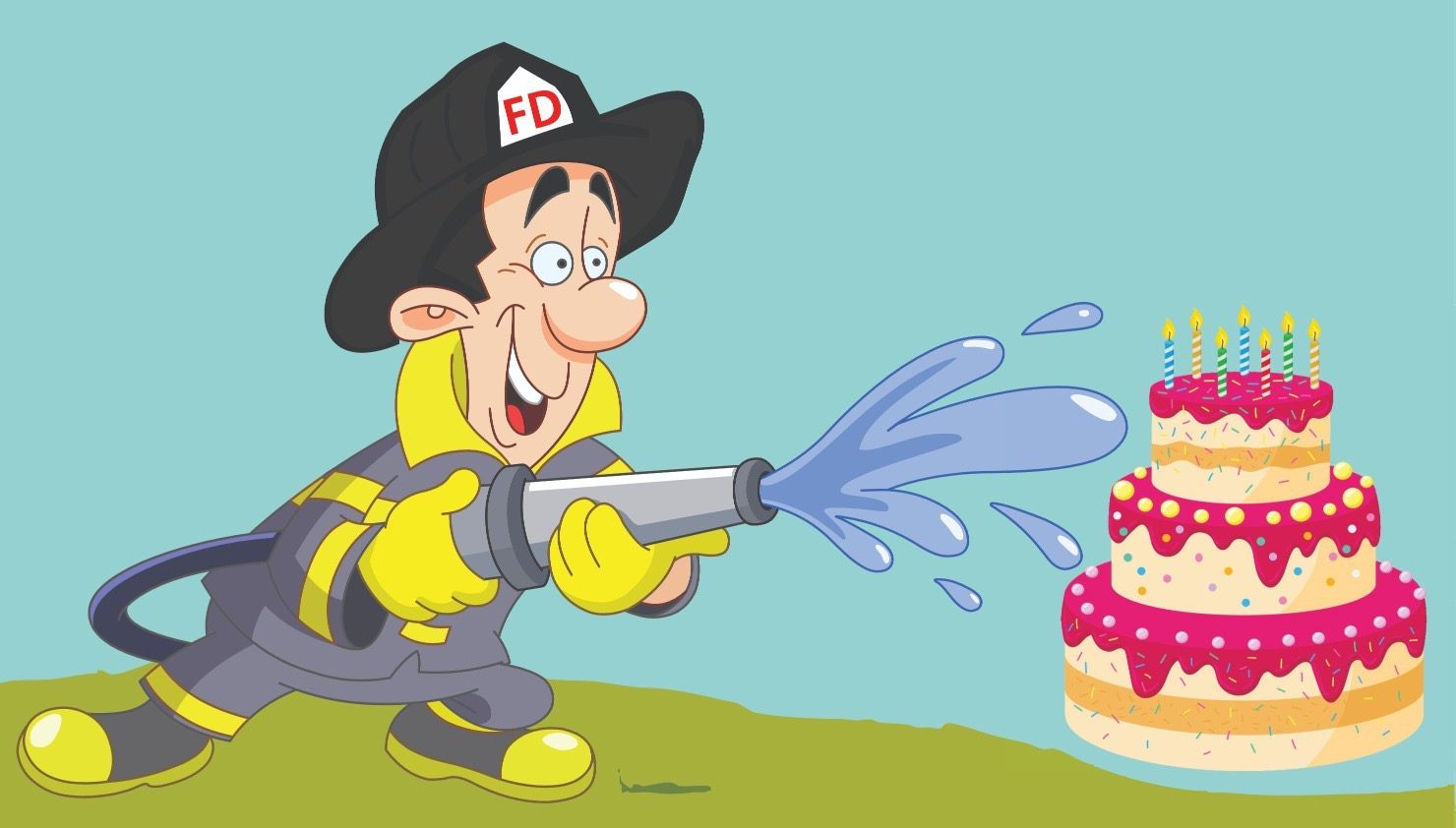 Cartoon firefighter spraying water on birthday cake