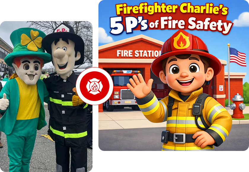 Mascots pose beside cartoon firefighter and firehouse