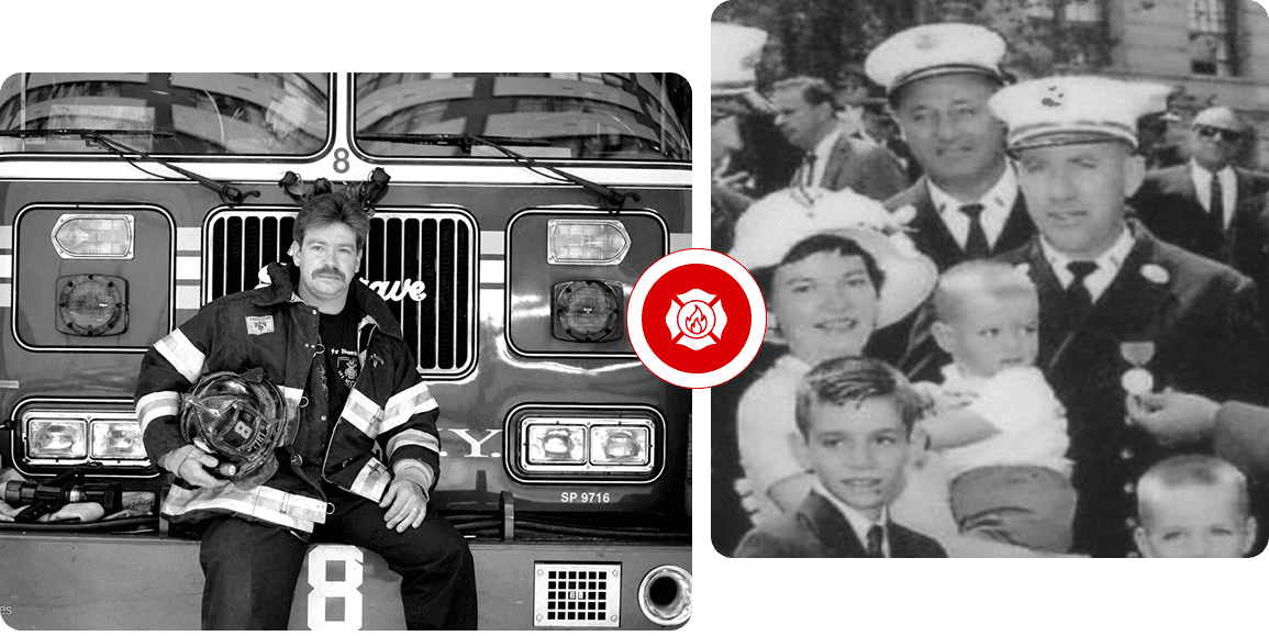 Firefighter by truck beside vintage family photo
