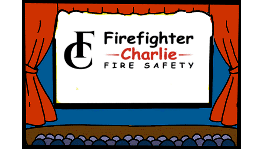 Theater screen showing Firefighter Charlie logo