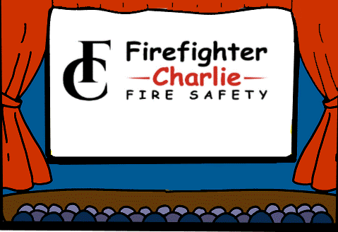 Theater screen with Firefighter Charlie fire safety logo