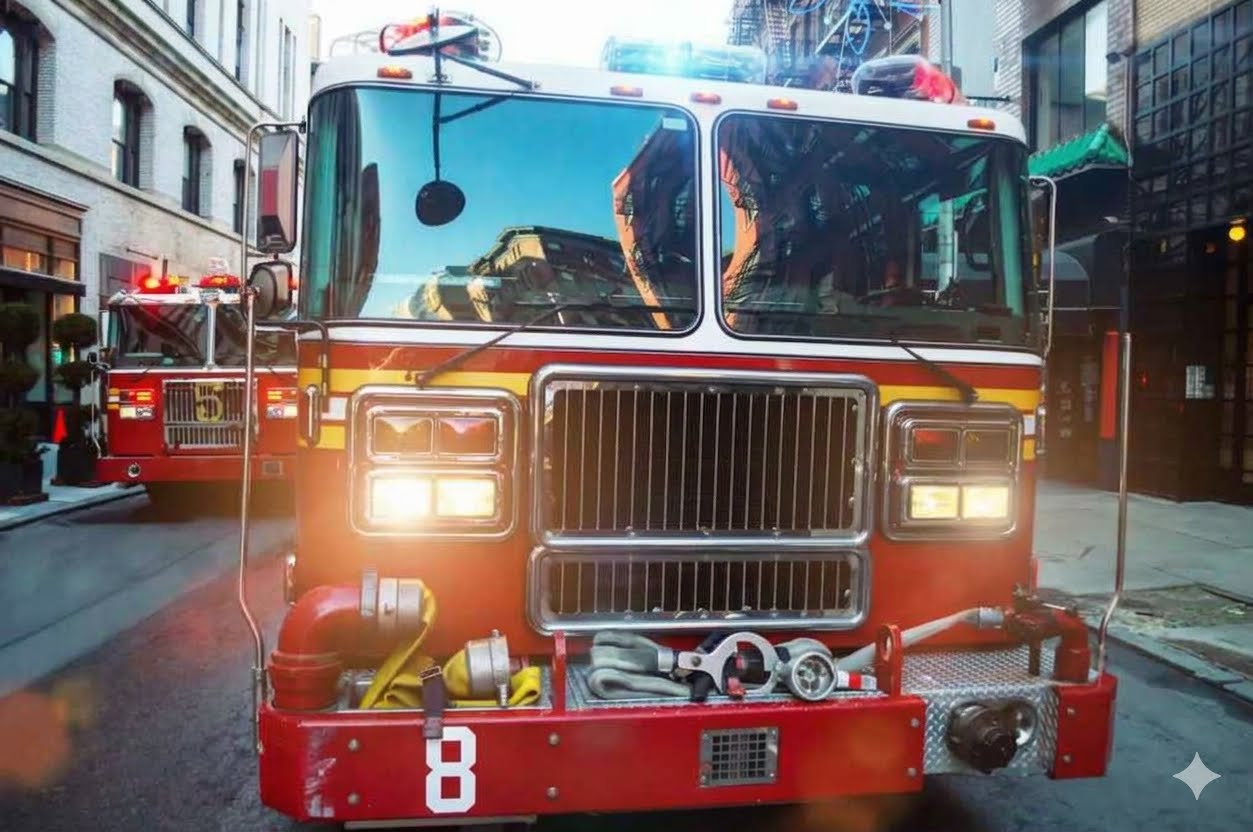Red fire truck parked on city street